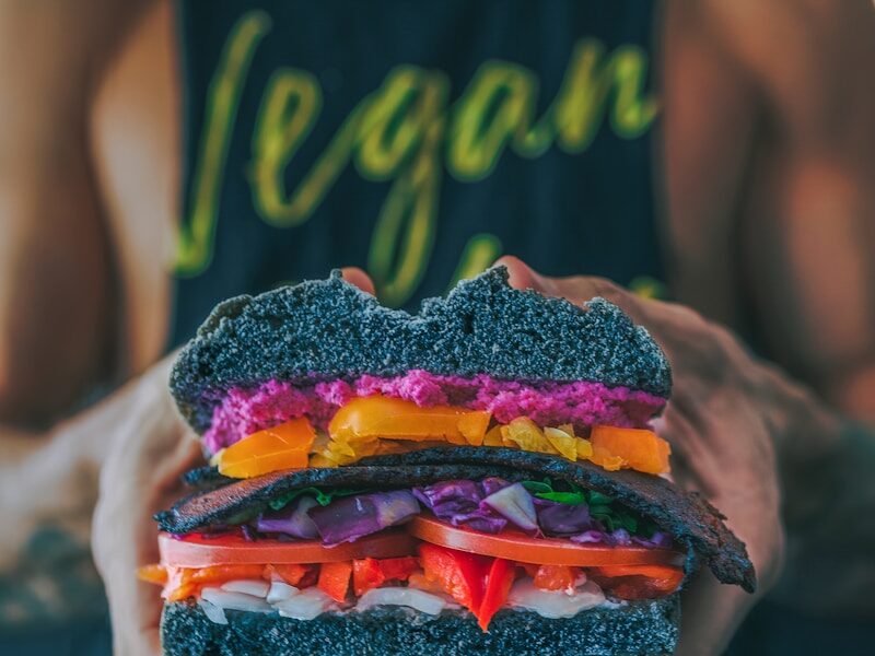 person holding meat sandwich with sliced tomatoes, onions, and grilled meat